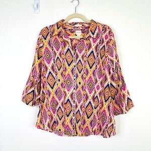 Chicos No Iron XL Size 3 Button Up Shirt Linen‎ Geometric Aztec Southwest Artsy